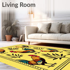 Golden Roosters with Botanical Foliage Rug