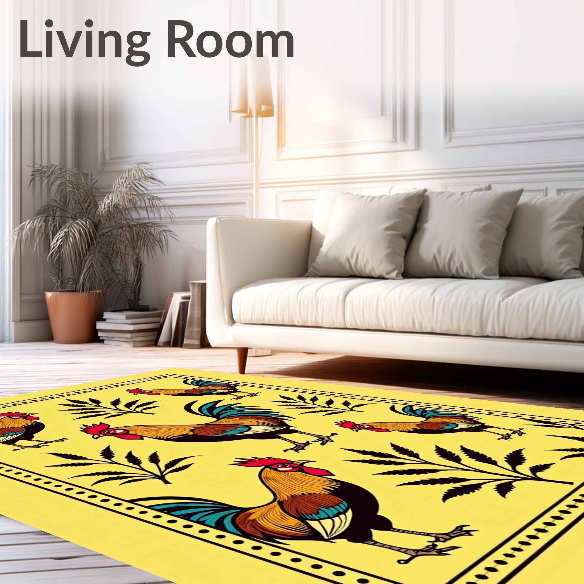 Golden Roosters with Botanical Foliage Rug