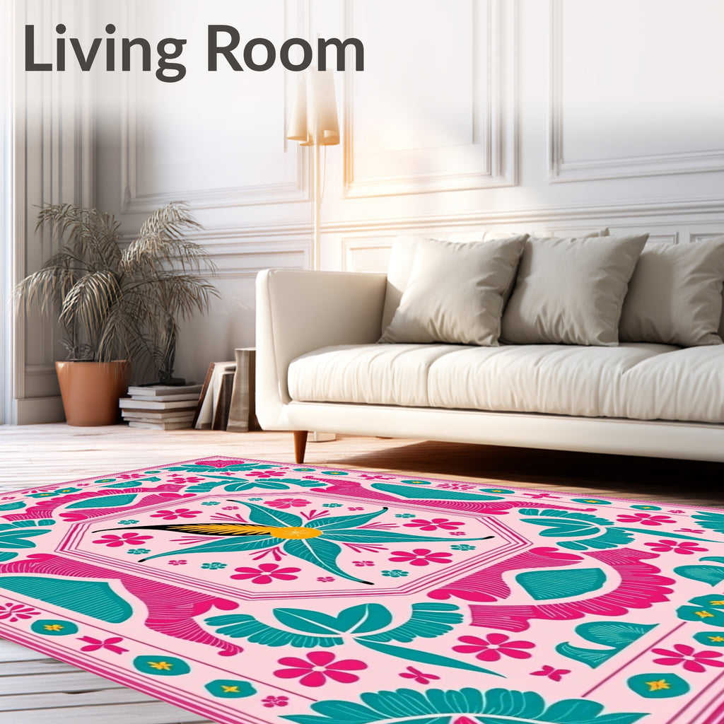 Pink Teal Golden Floral Medallion Rug