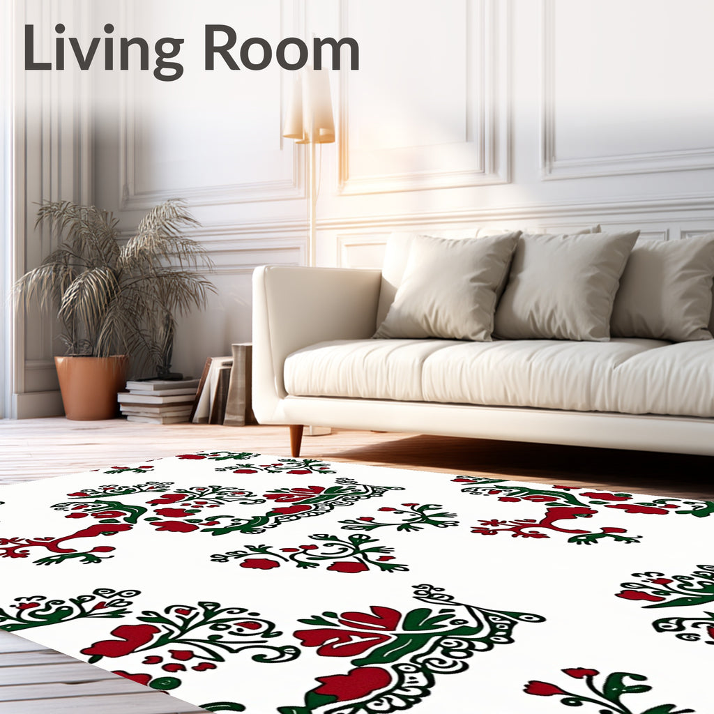 Folk Red Green Floral Swirl Rug