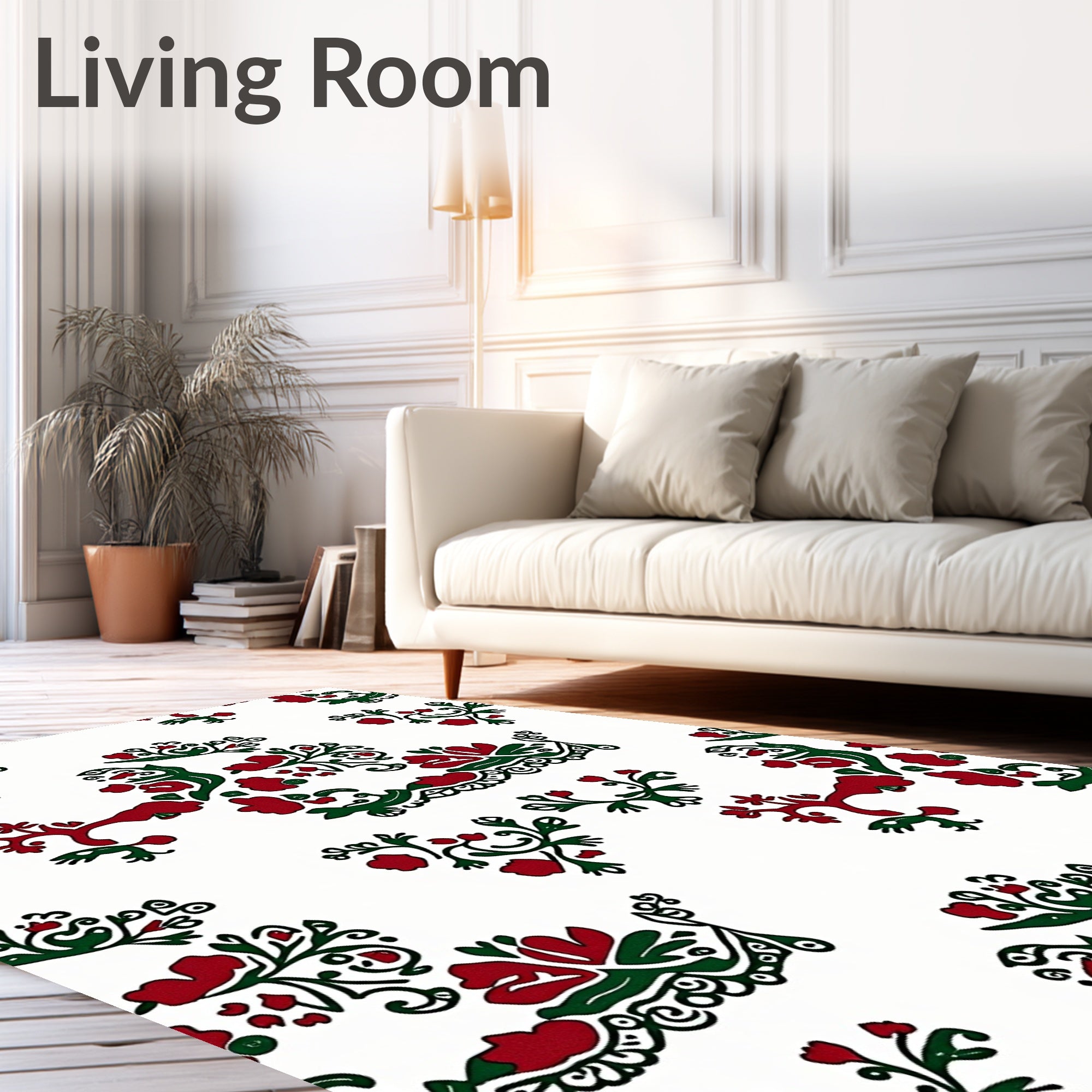 Folk Red Green Floral Swirl Rug