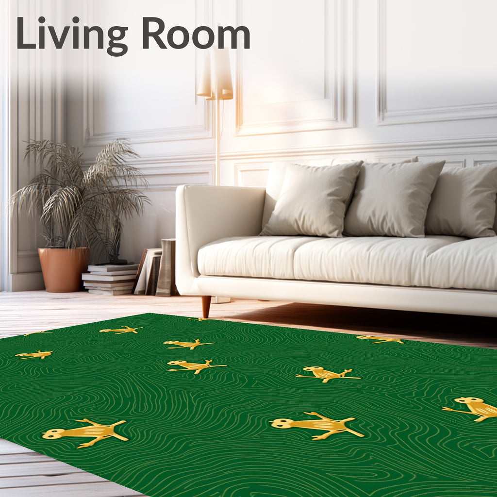 Golden Frogs on Winding Green Background Rug