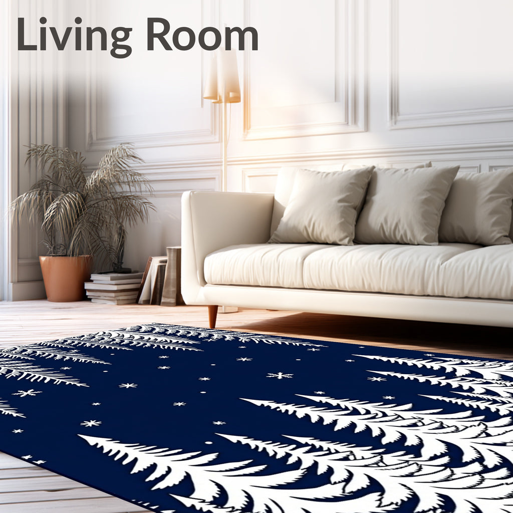 Deep Blue Winter Forest Snowflake Scene Rug