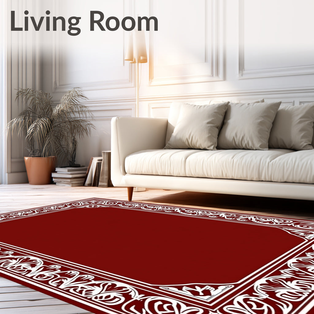 Rich Garnet White Floral Scrollwork Border Rug