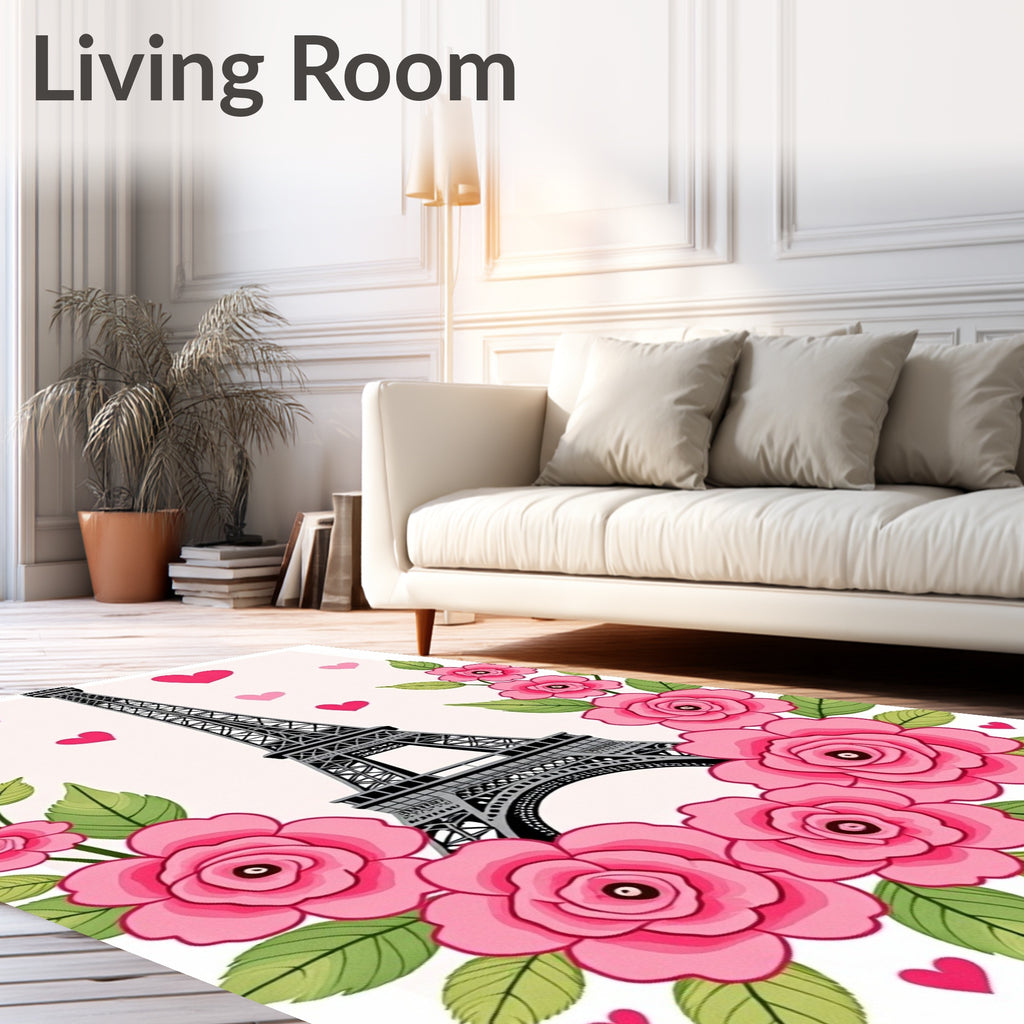 Pink Floral Eiffel Tower Hearts Rug