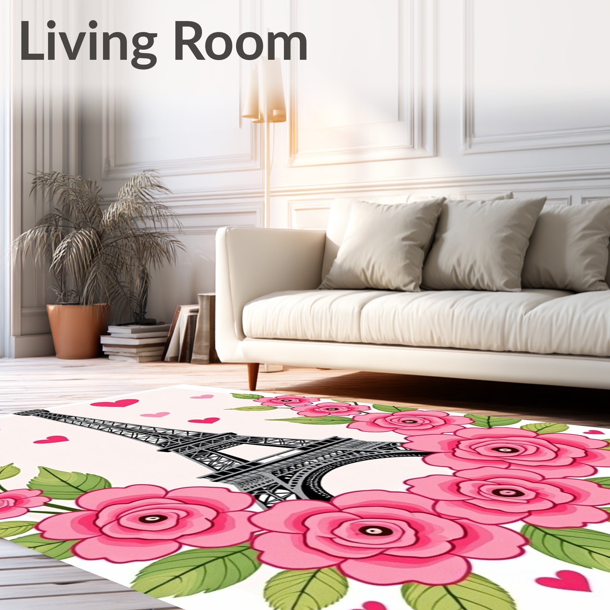 Pink Floral Eiffel Tower Hearts Rug