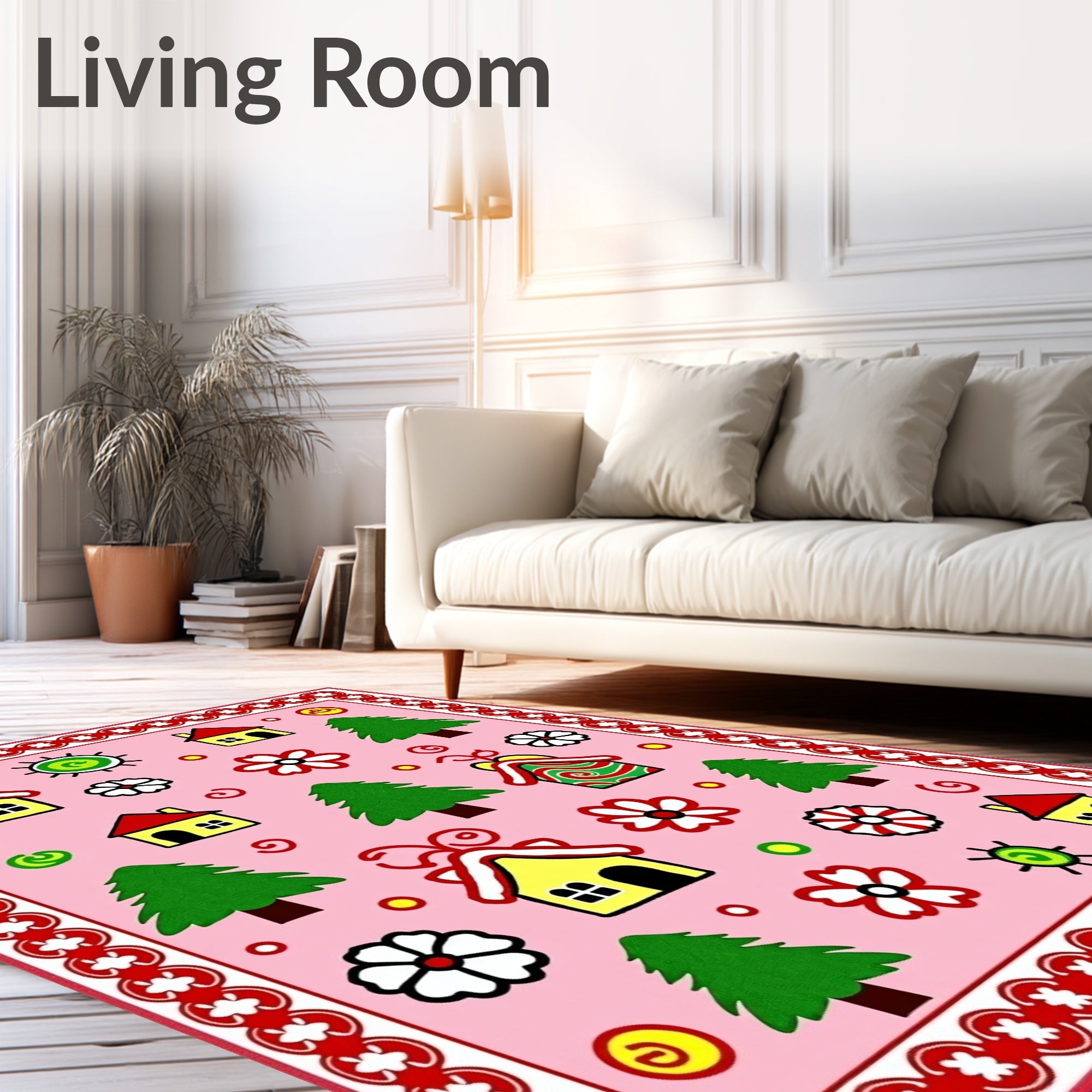 Whimsical Pink Village Fantasy Folk Art Rug