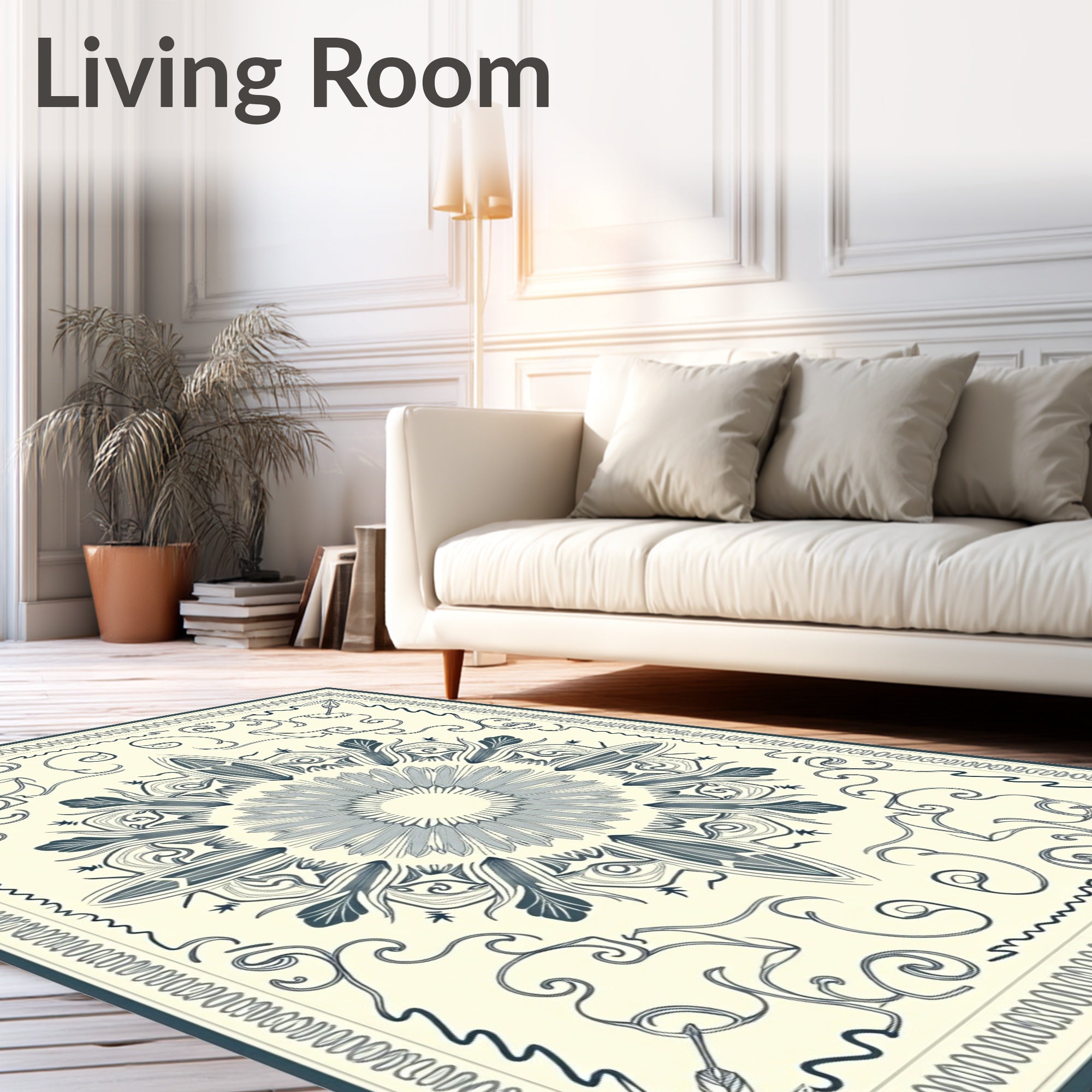 Cream and Navy Feathered Sun Medallion Rug