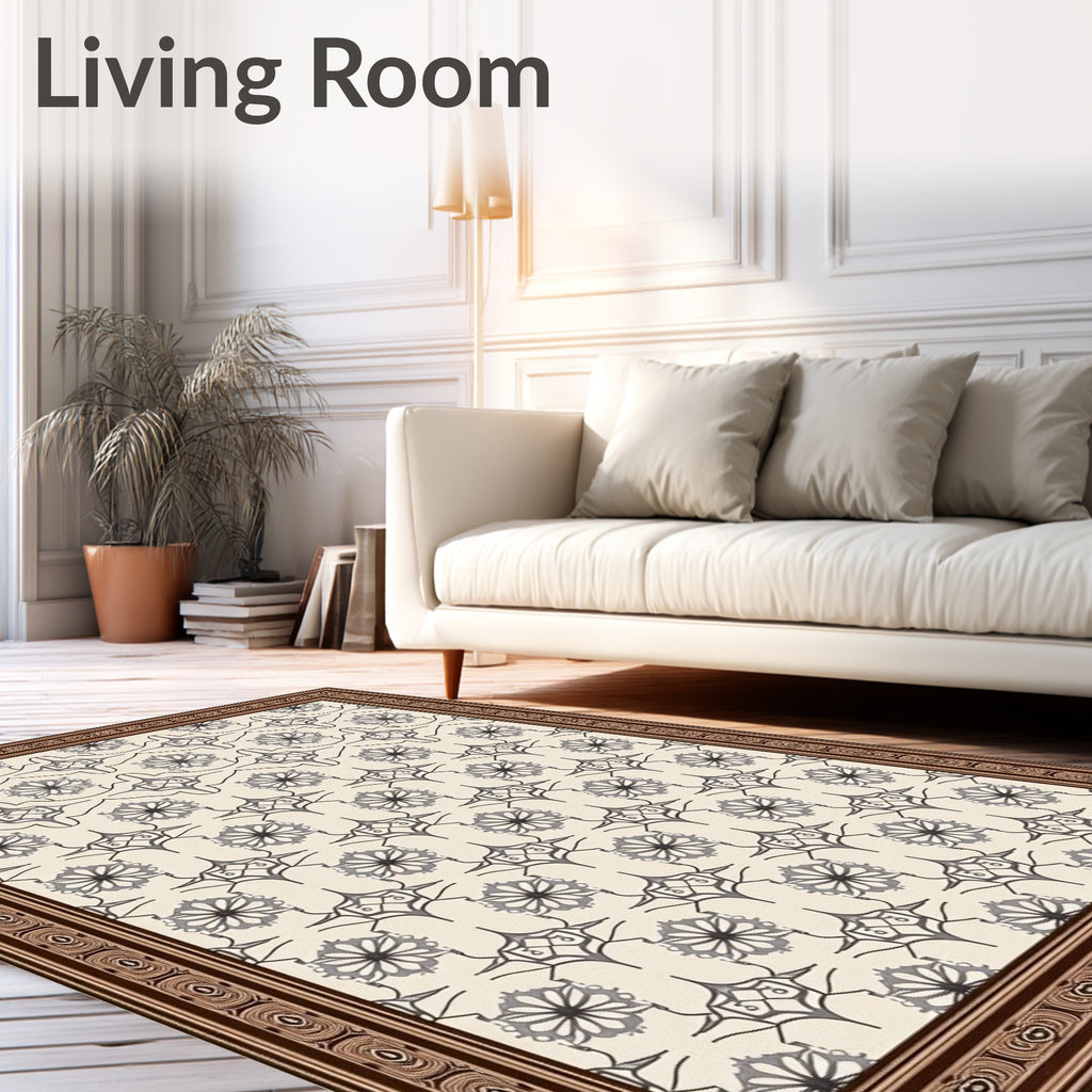 Cream Black Detailed Floral Medallion Rug