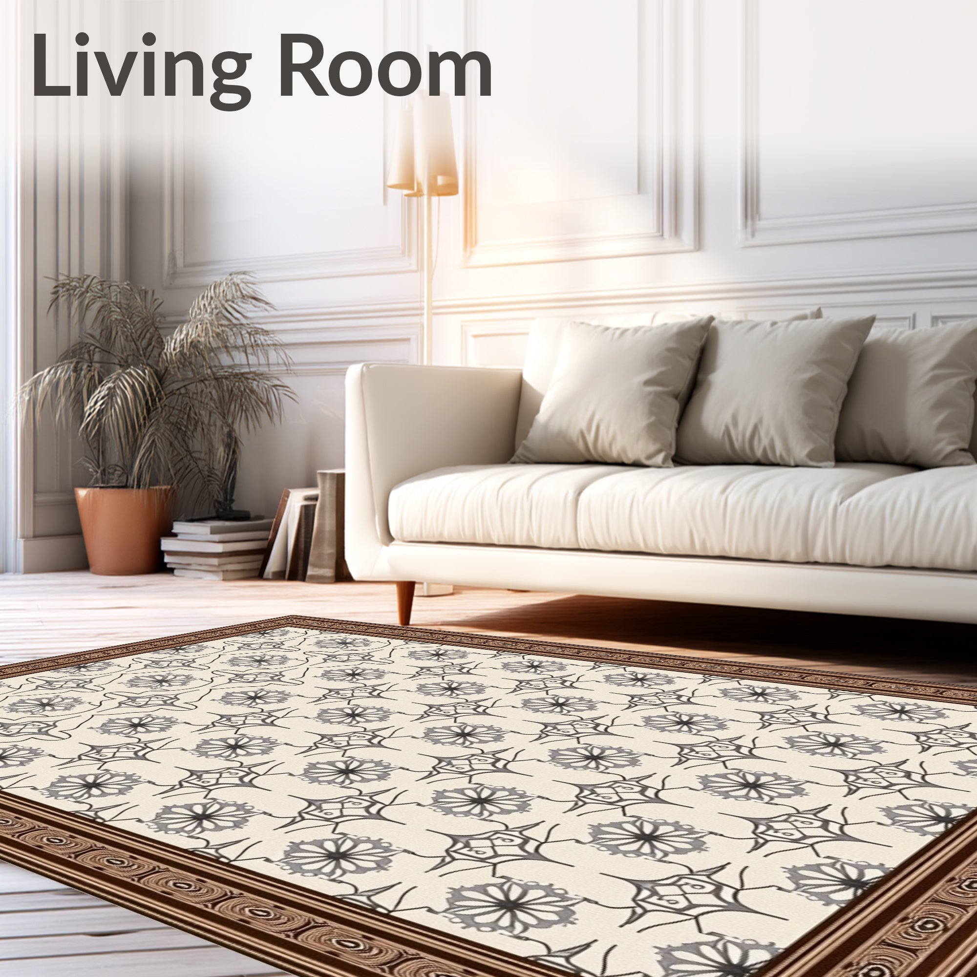 Cream Black Detailed Floral Medallion Rug