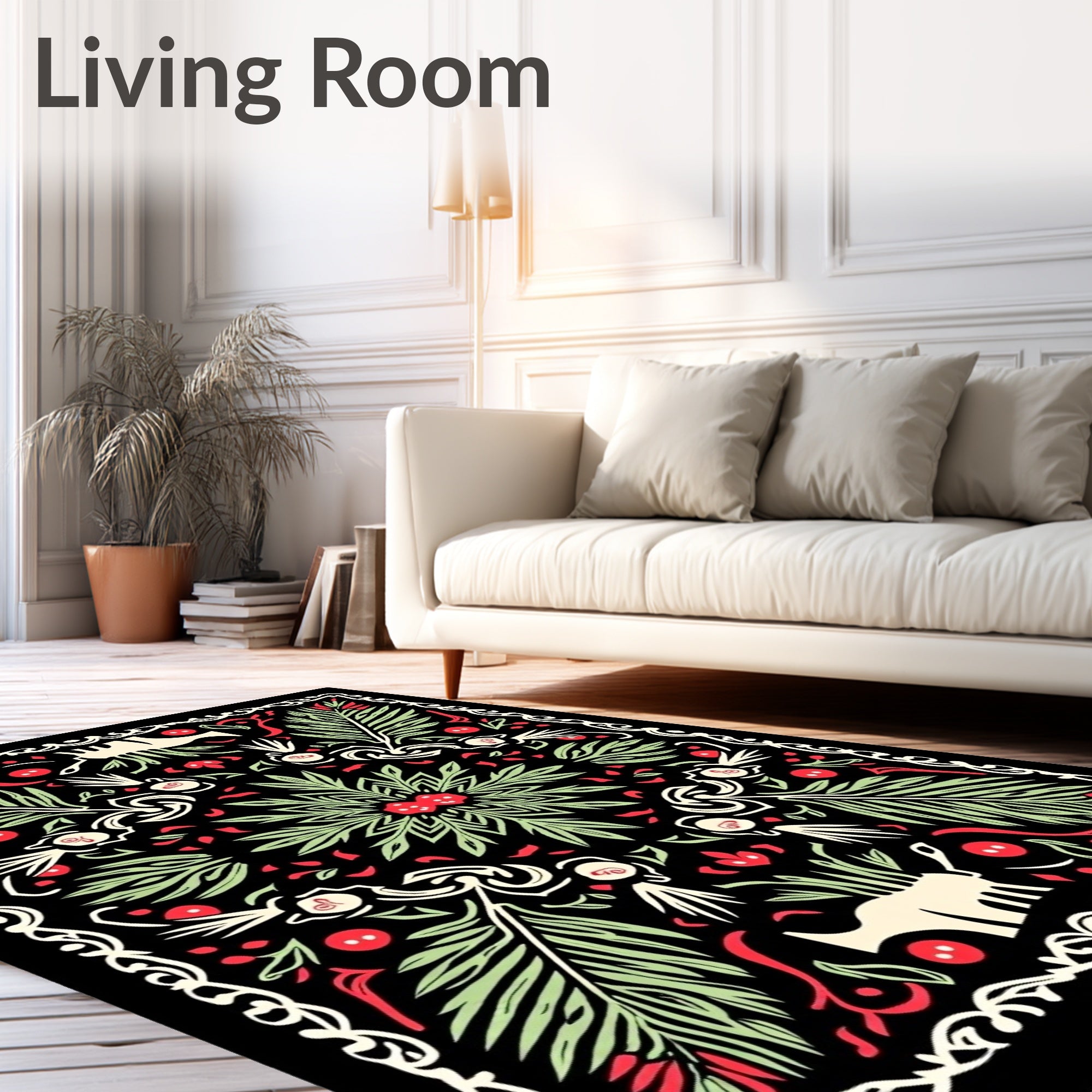 Black Red Green Botanical Animals Medallion Rug
