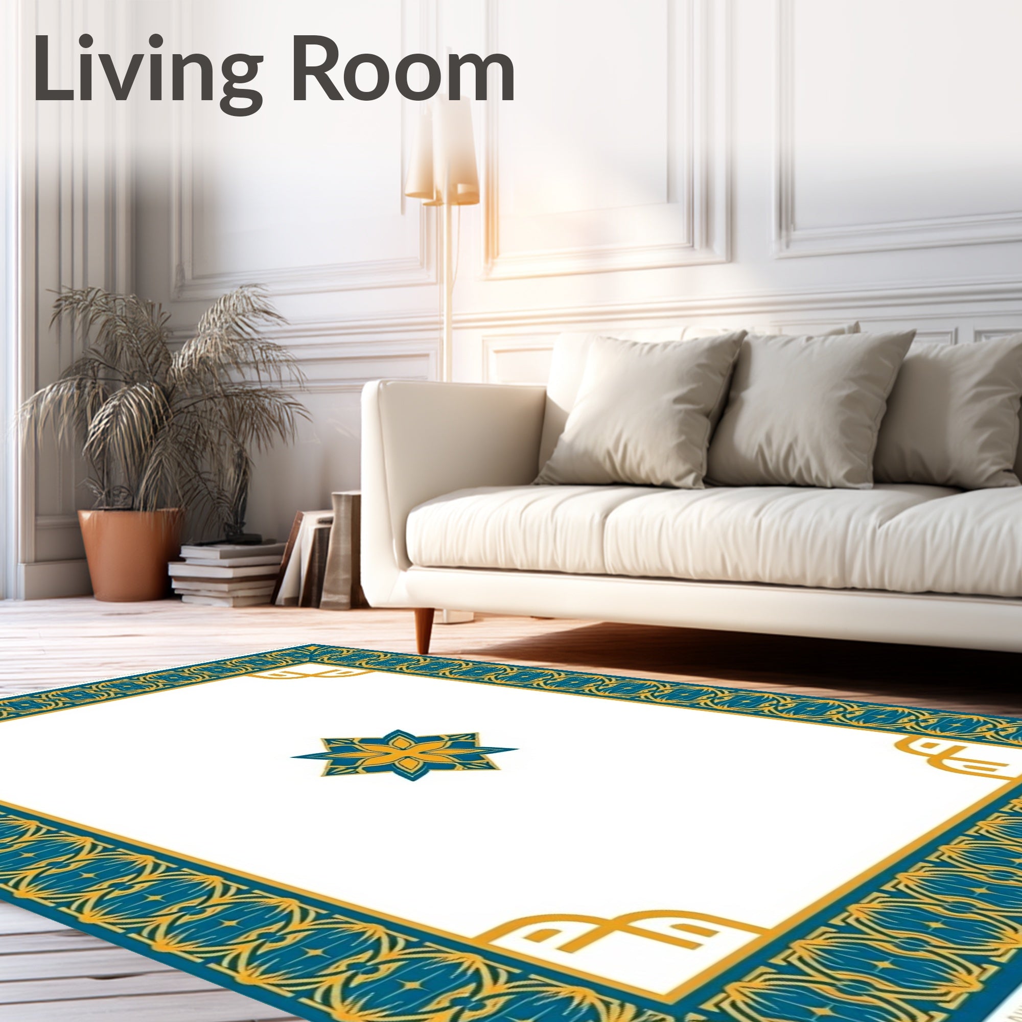 Teal Yellow Geometric Border Medallion Rug