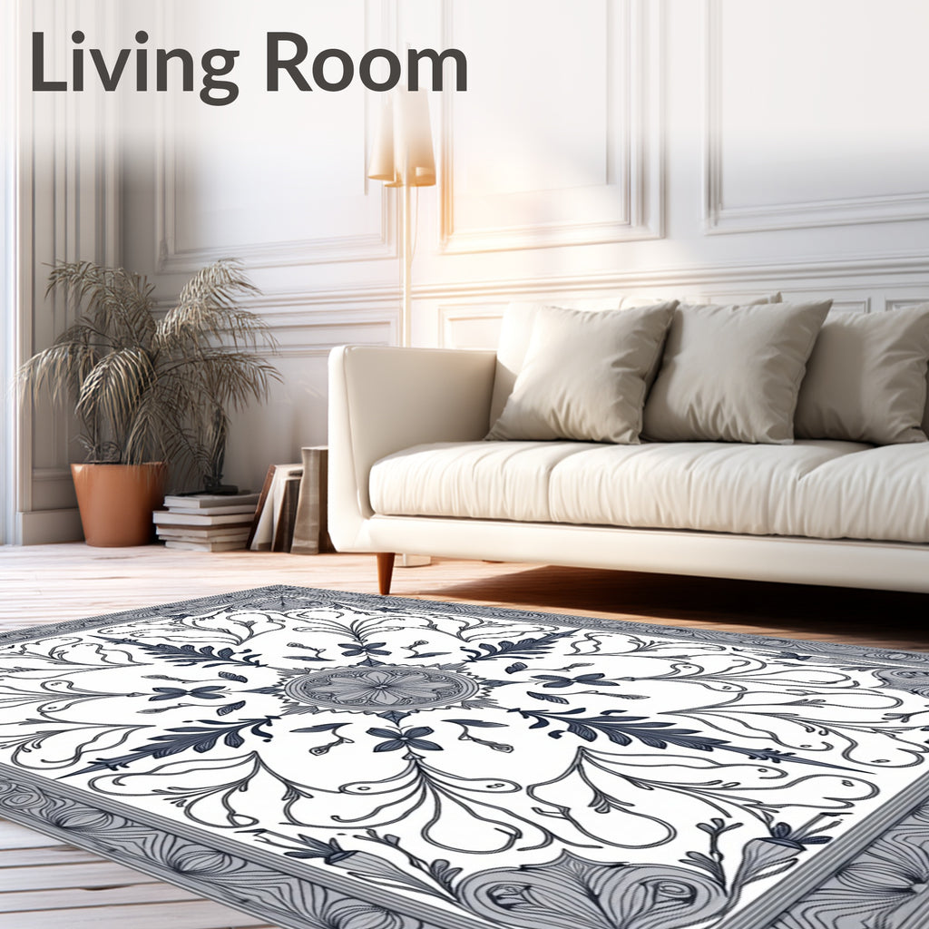 Gray Floral Medallion Scrollwork Border Rug