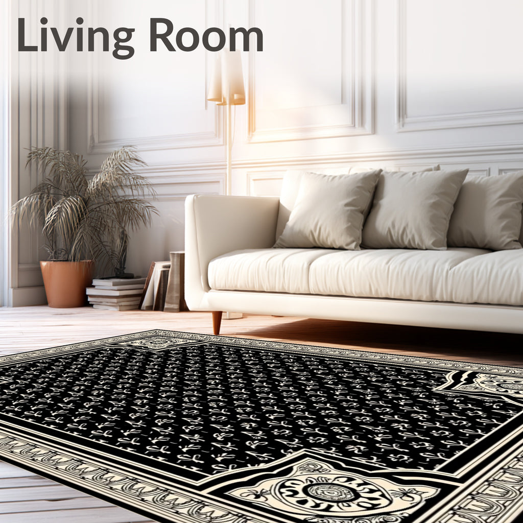 Black and Cream Fleur de Lis Scroll Rug