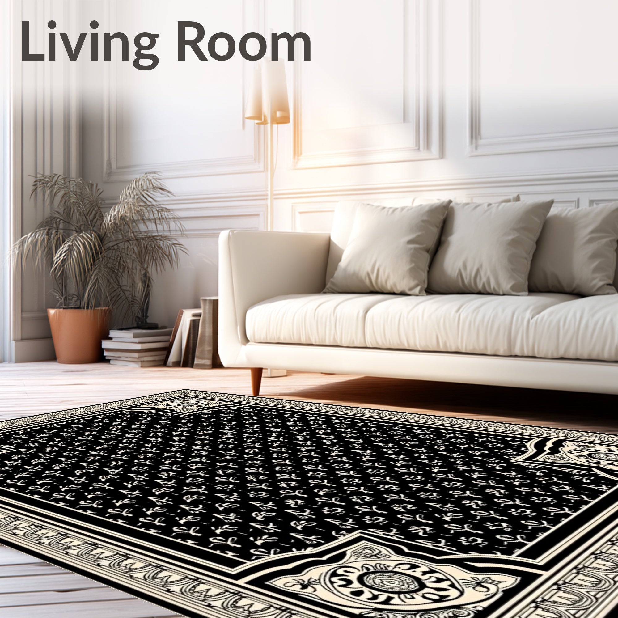 Black and Cream Fleur de Lis Scroll Rug