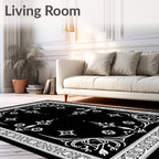 Elegant Black White Floral Border Rug