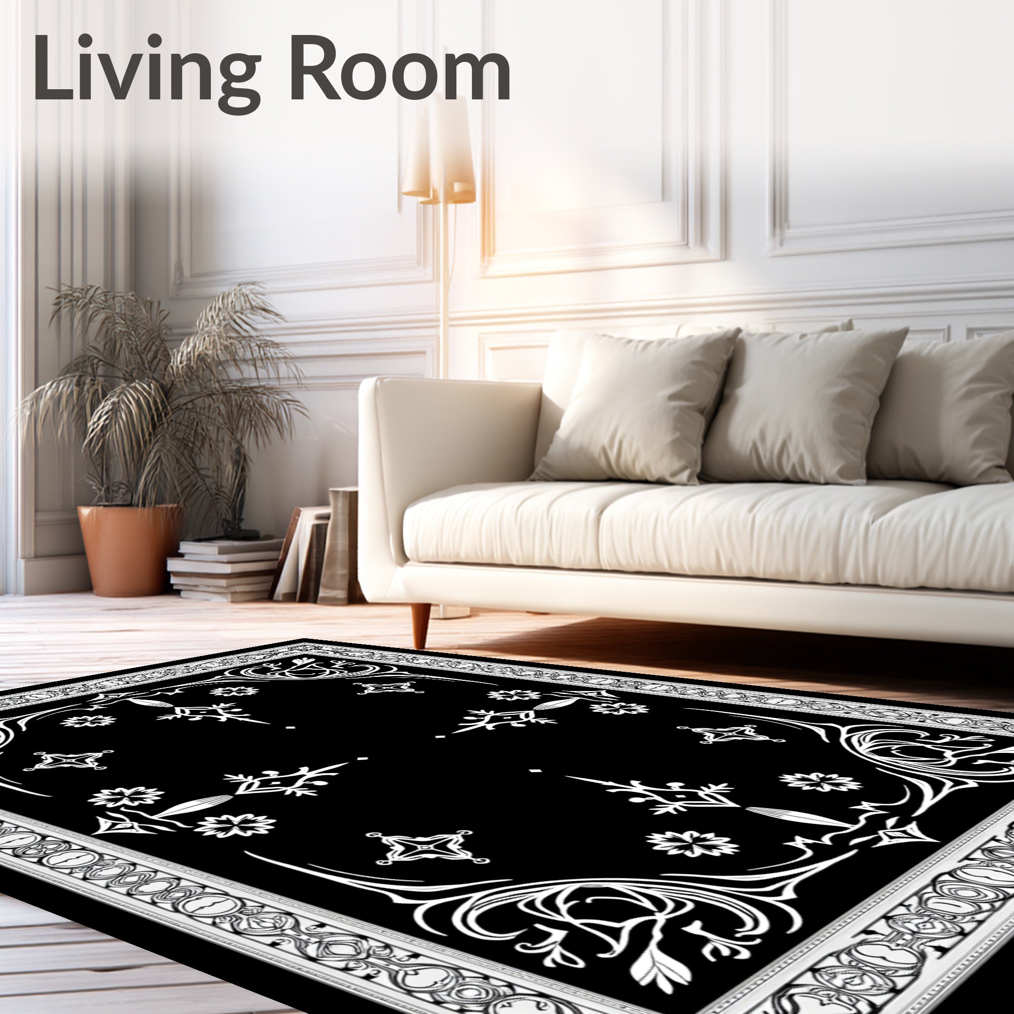 Elegant Black White Floral Border Rug