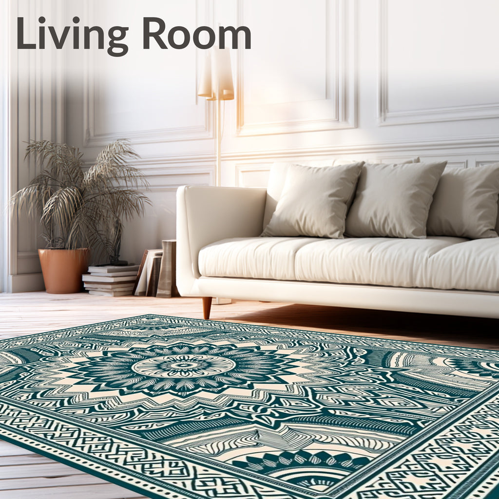 Deep Teal Intricate Mandala Border Rug