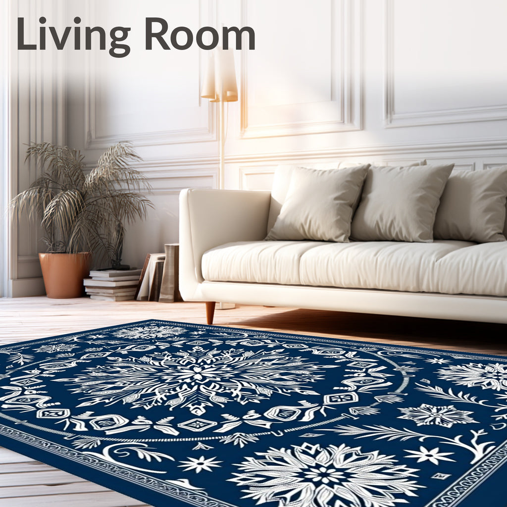 Deep Blue White Floral Medallion Scroll Rug