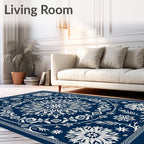Deep Blue White Floral Medallion Scroll Rug