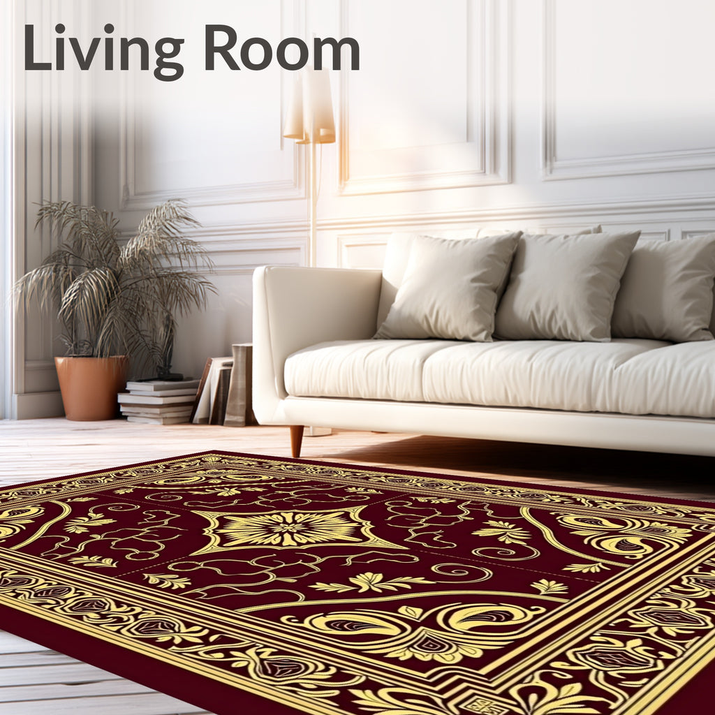 Rich Crimson Golden Floral Border Rug
