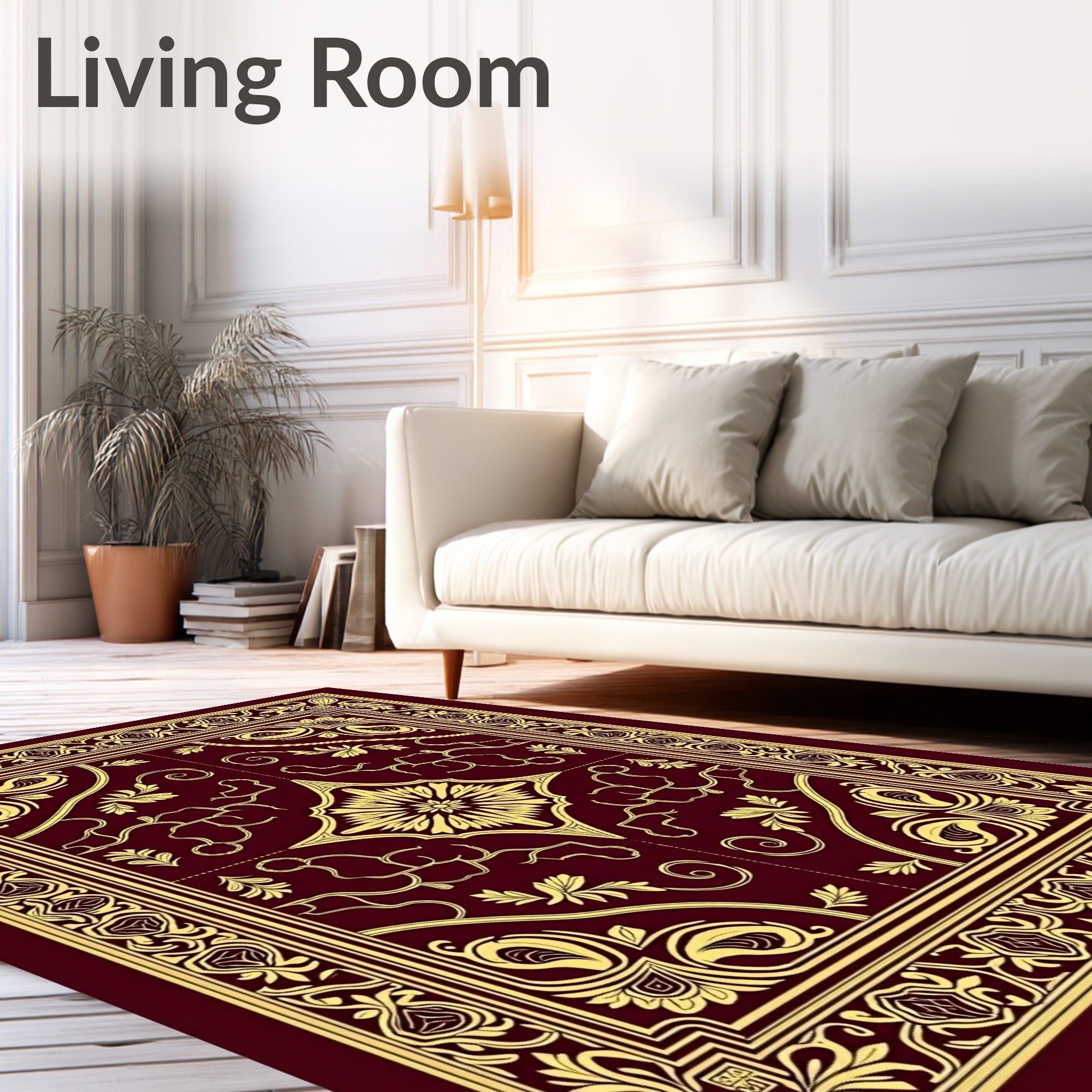 Rich Crimson Golden Floral Border Rug