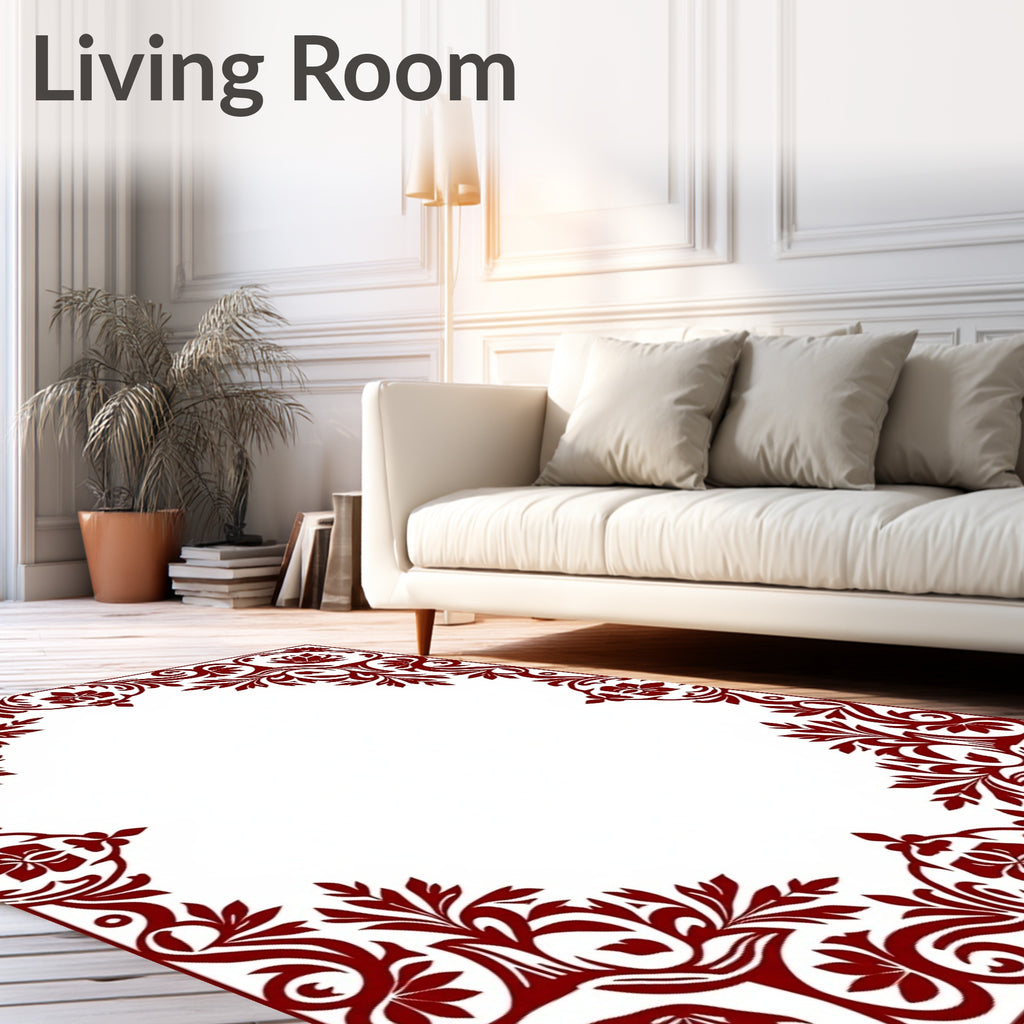 Deep Red Floral Vine Border Rug