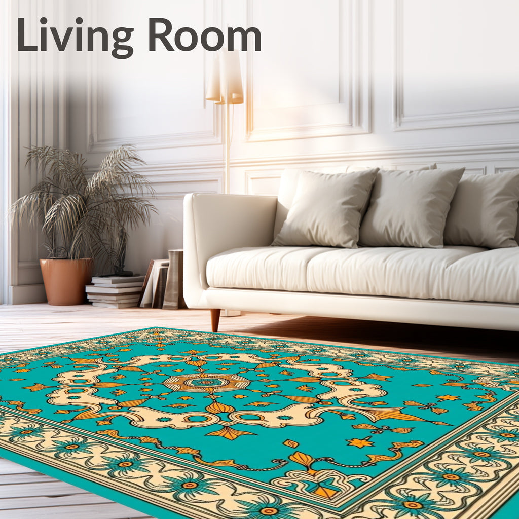 Turquoise Cream Golden Floral Medallion Rug