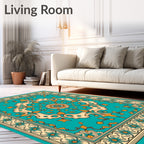 Turquoise Cream Golden Floral Medallion Rug