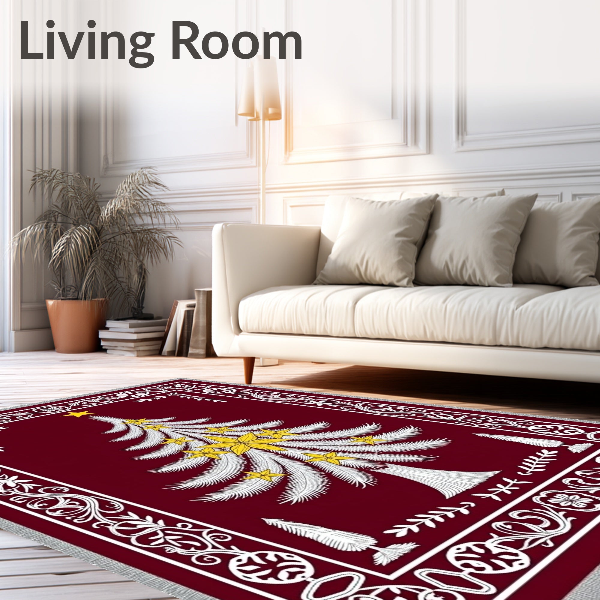 Crimson Christmas Tree White Gold Medallion Rug