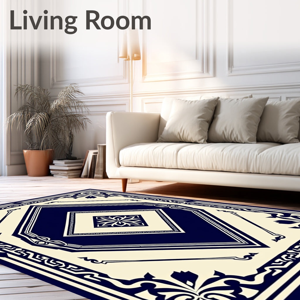 Classic Navy Cream Diamond Floral Rug