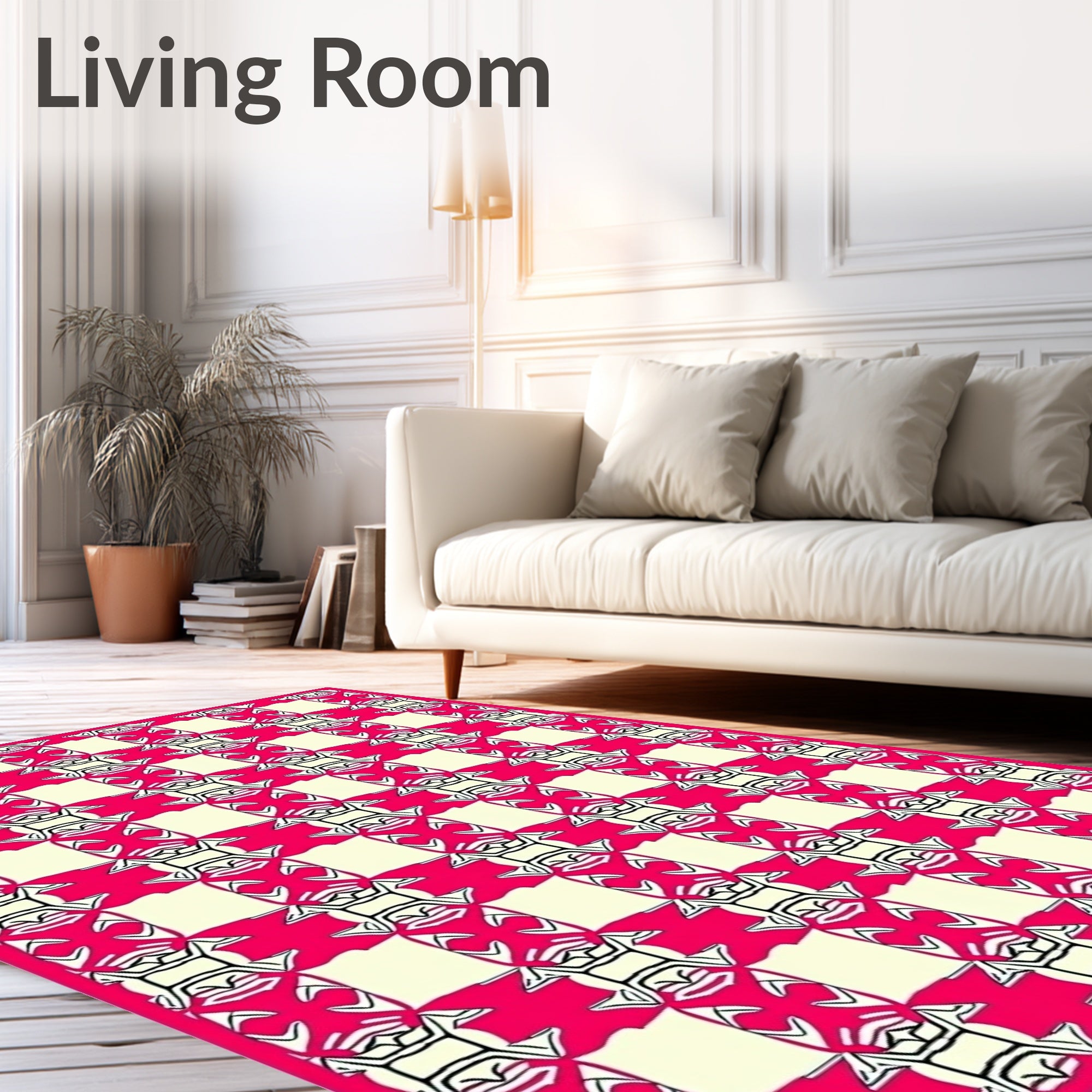 Vibrant Pink Black White Grid Rug