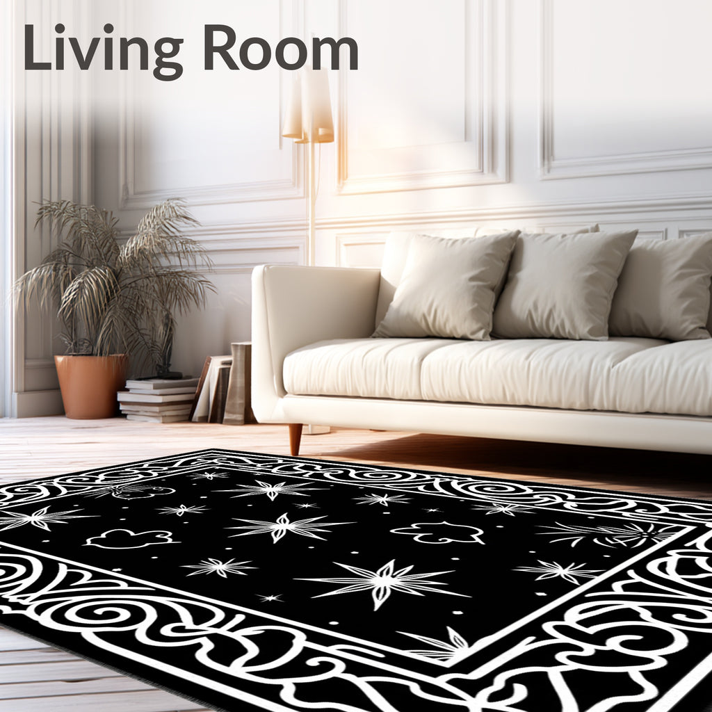 Black White Starry Night Border Rug