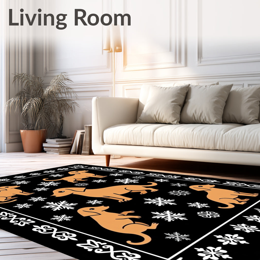 Orange Dachshund Snowflakes Black Border Rug