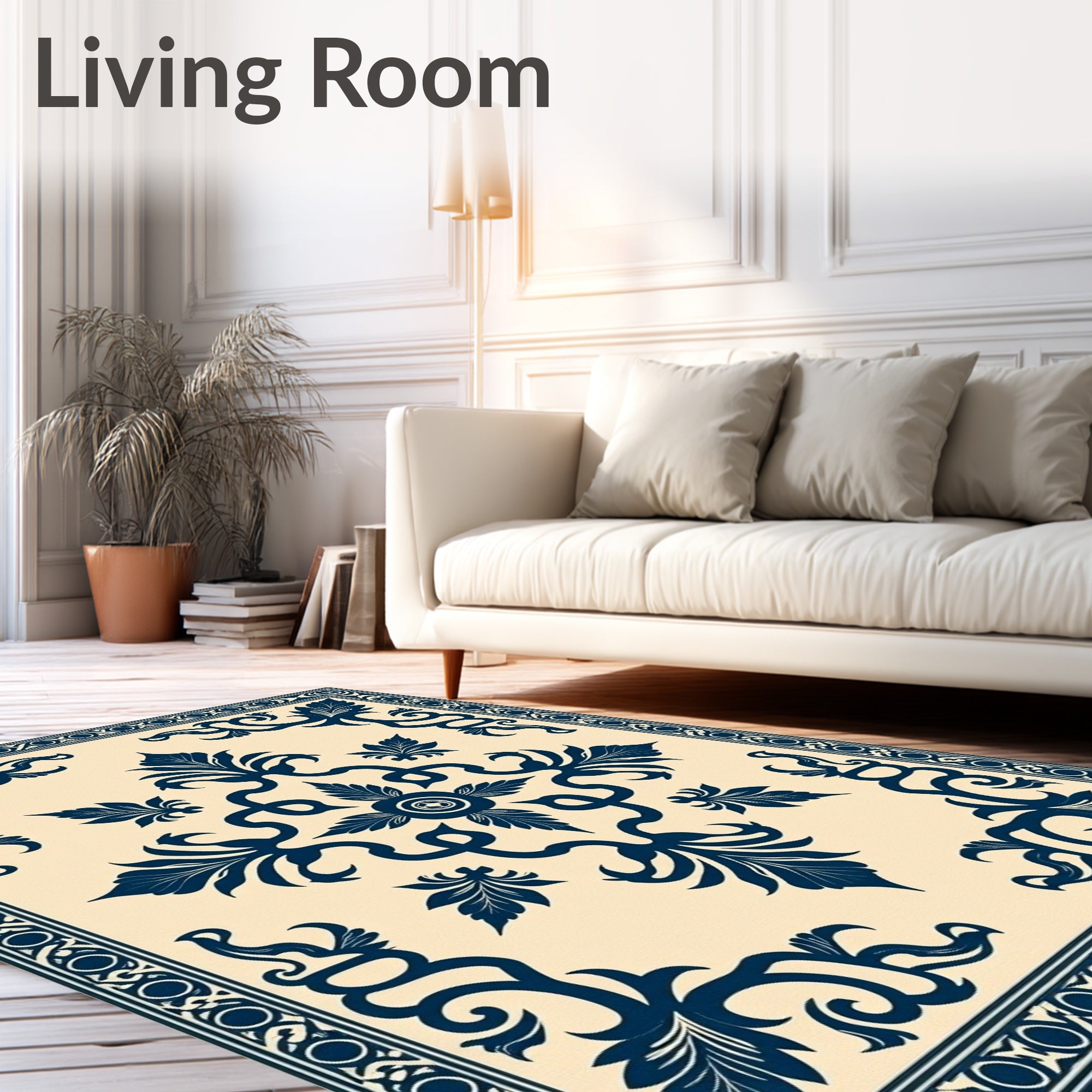 Deep Blue Scroll Corner Floral Rug