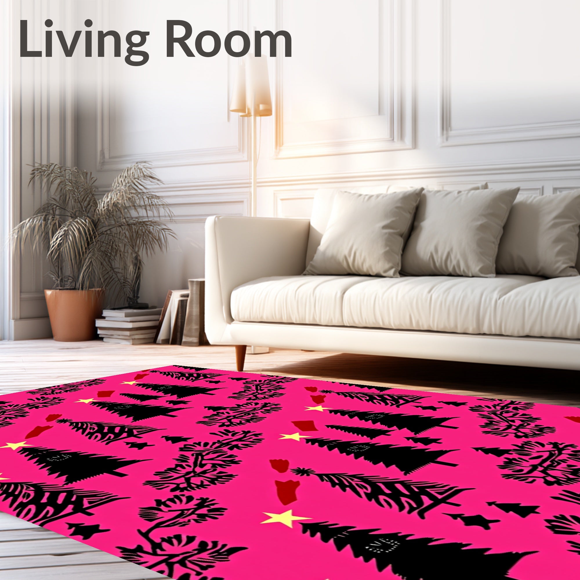 Black Christmas Trees Yellow Stars Red Dash Rug