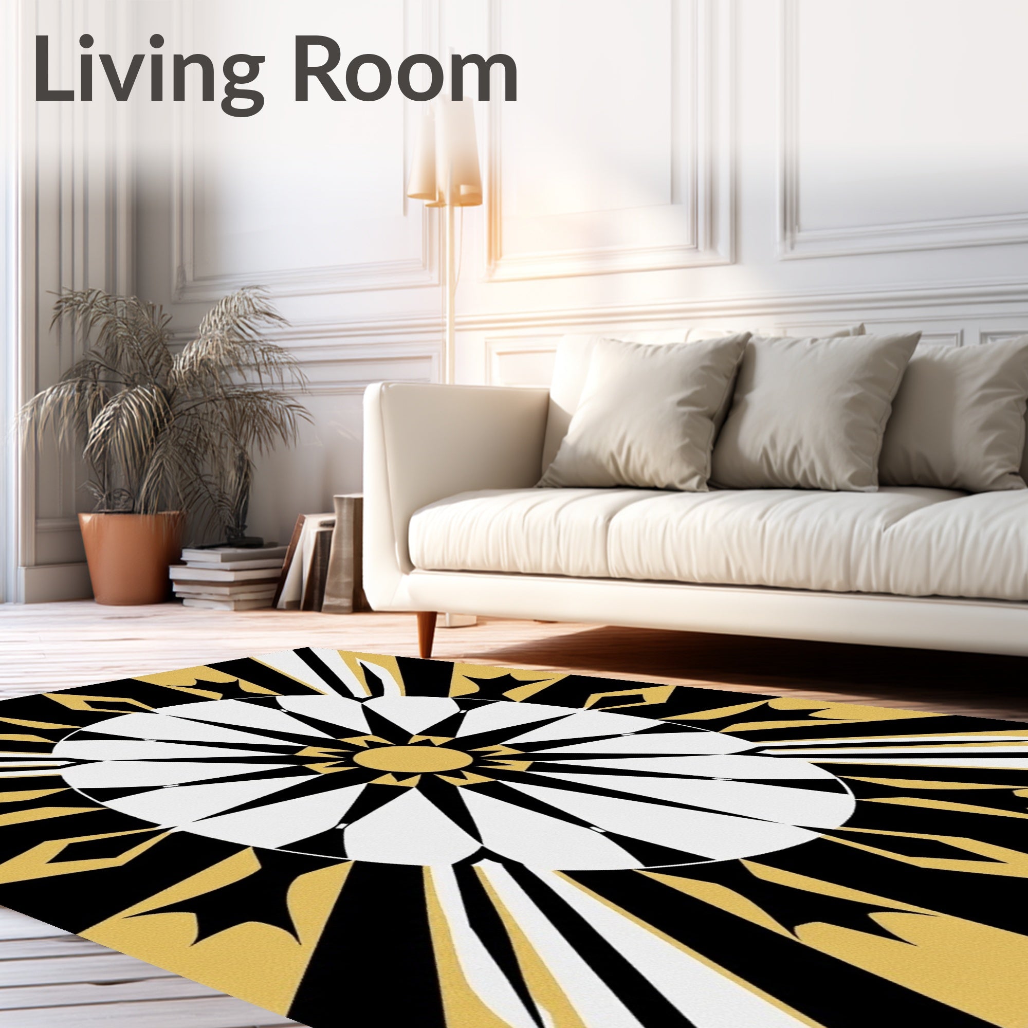 Golden Black White Sunburst Medallion Rug