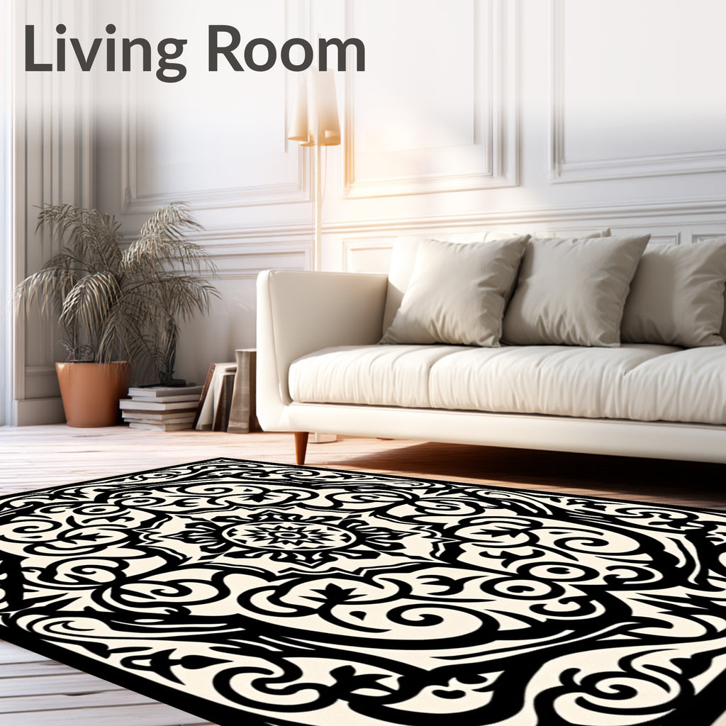 Black Cream Baroque Flourish Medallion Rug