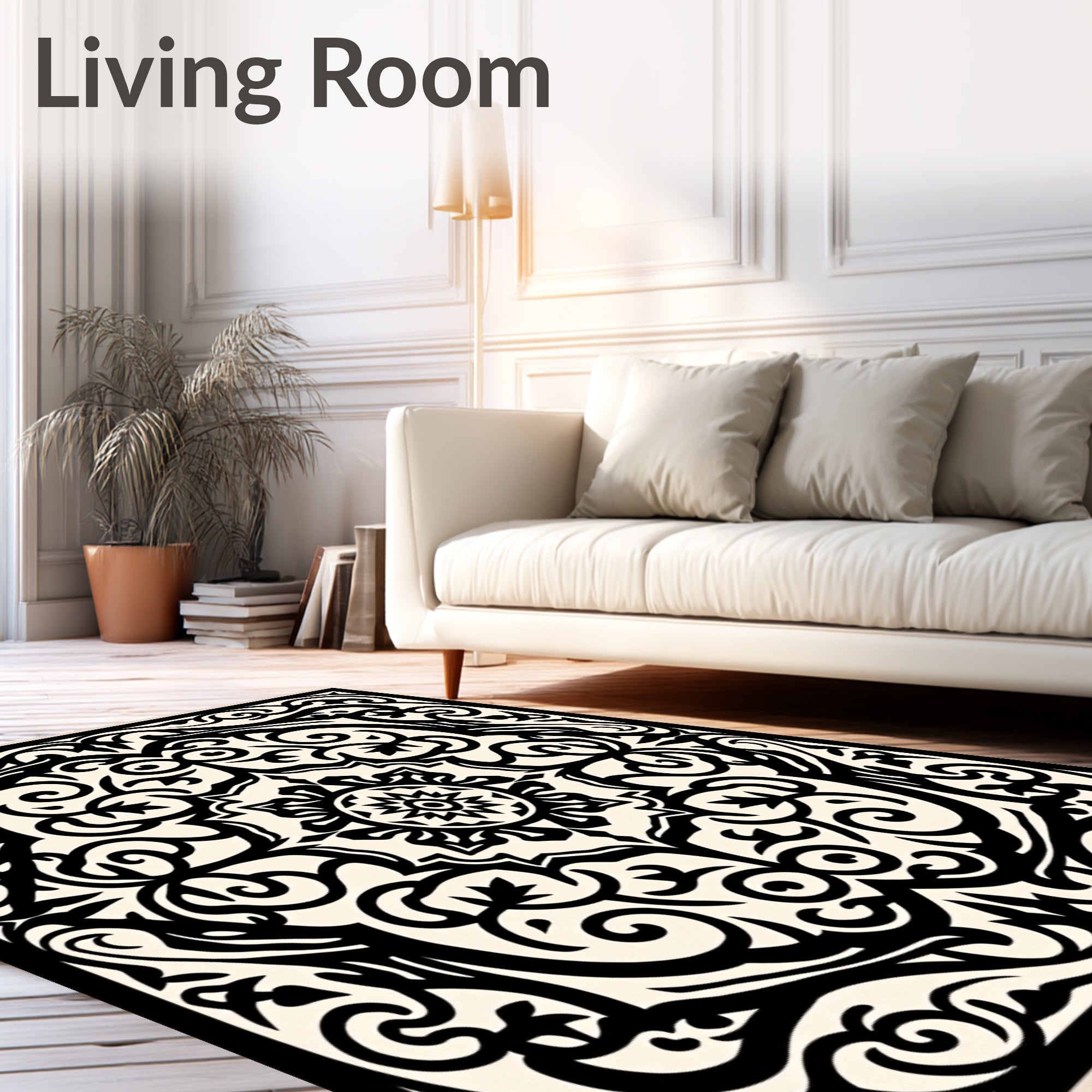 Black Cream Baroque Flourish Medallion Rug