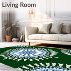 Intricate Blue White Floral Medallion Dark Green Rug