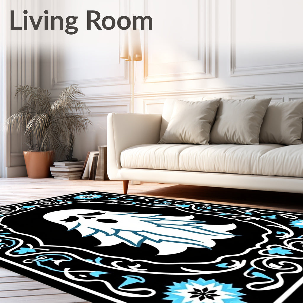 Whimsical Blue Ghost Floral Border Rug