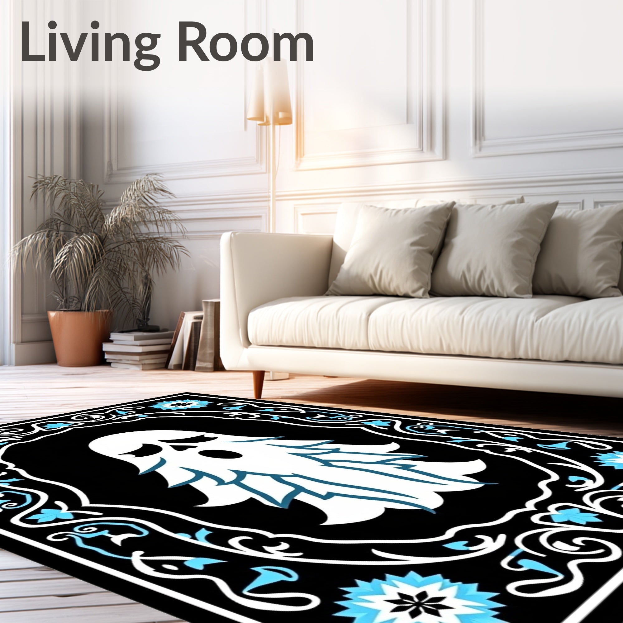 Whimsical Blue Ghost Floral Border Rug