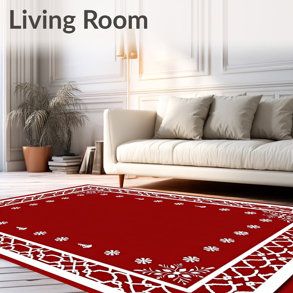 Crimson White Snowflake Festive Border Rug