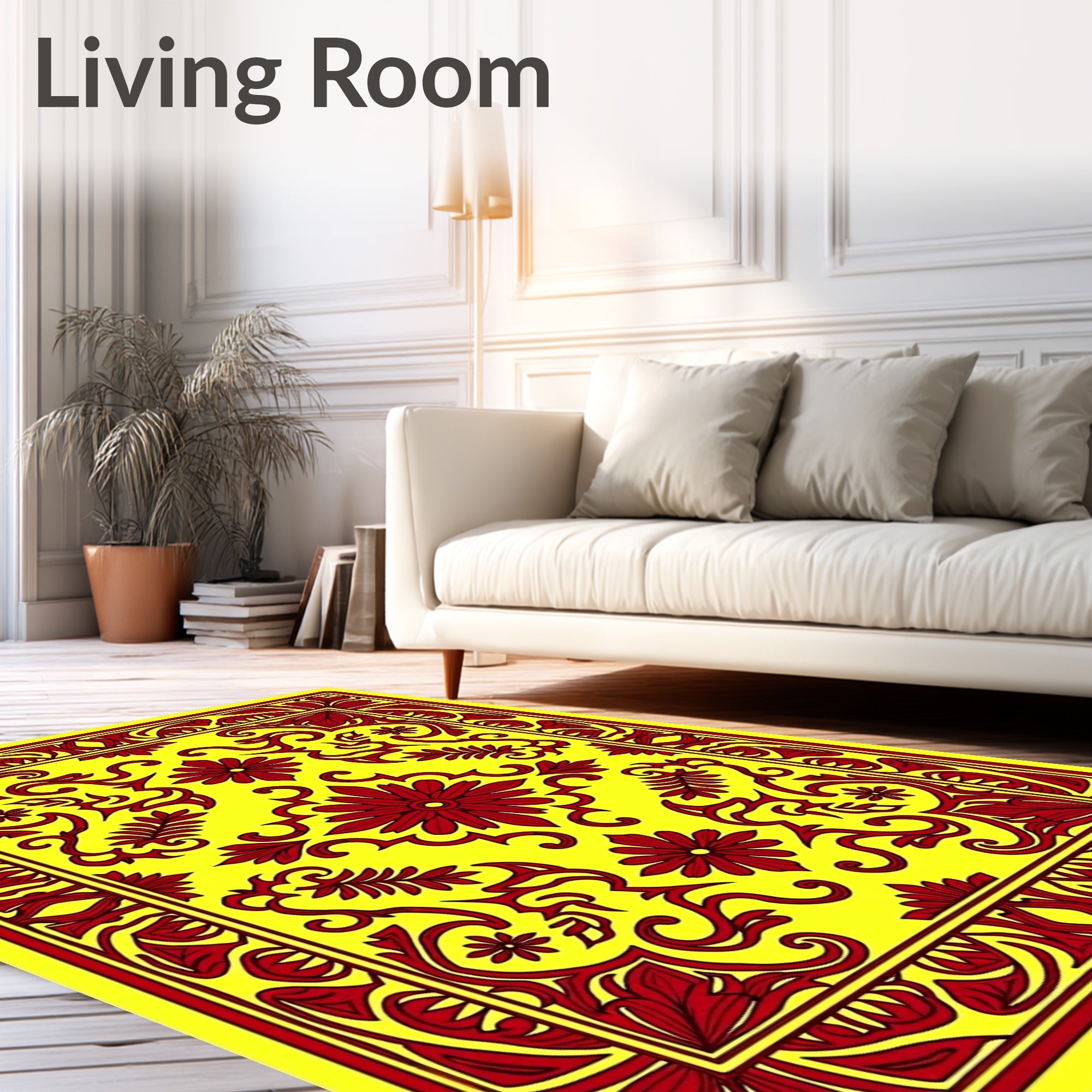 Vibrant Red Floral Medallion Yellow Rug