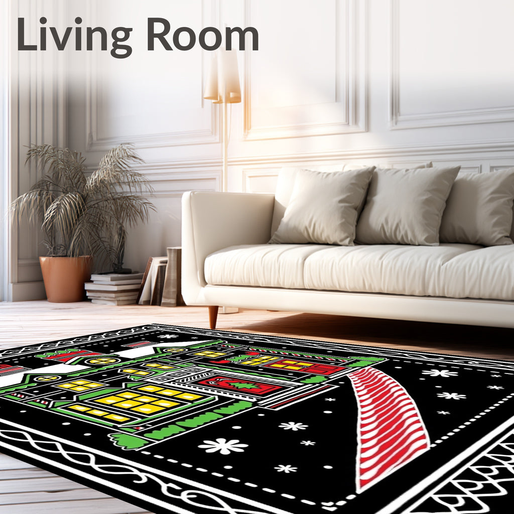 Cheery Christmas House Black Snow Rug
