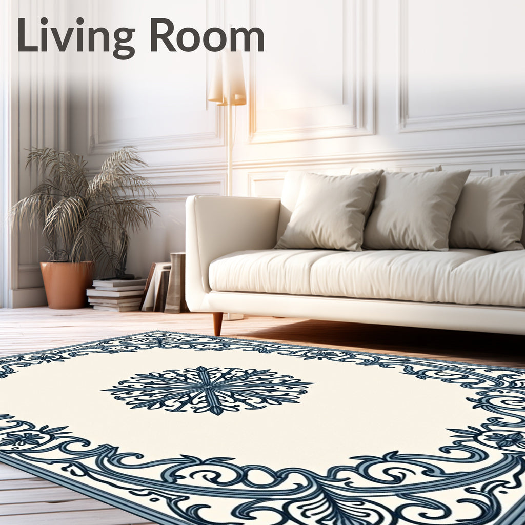Vintage Navy Blue Floral Medallion Framing Rug