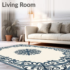 Vintage Navy Blue Floral Medallion Framing Rug