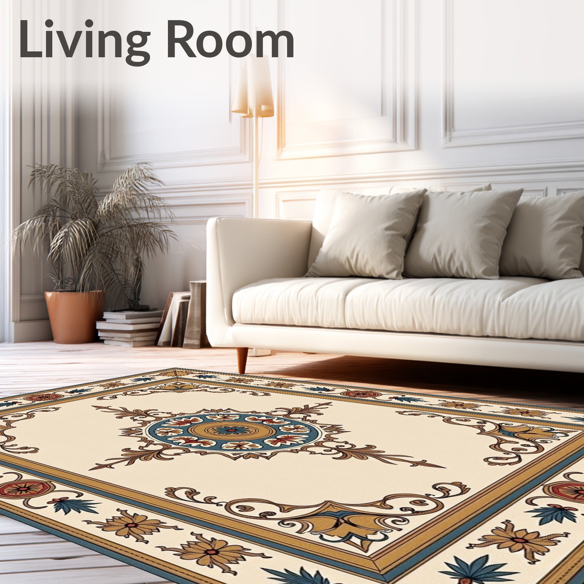 Elegant Ochre Teal Floral Medallion Rug
