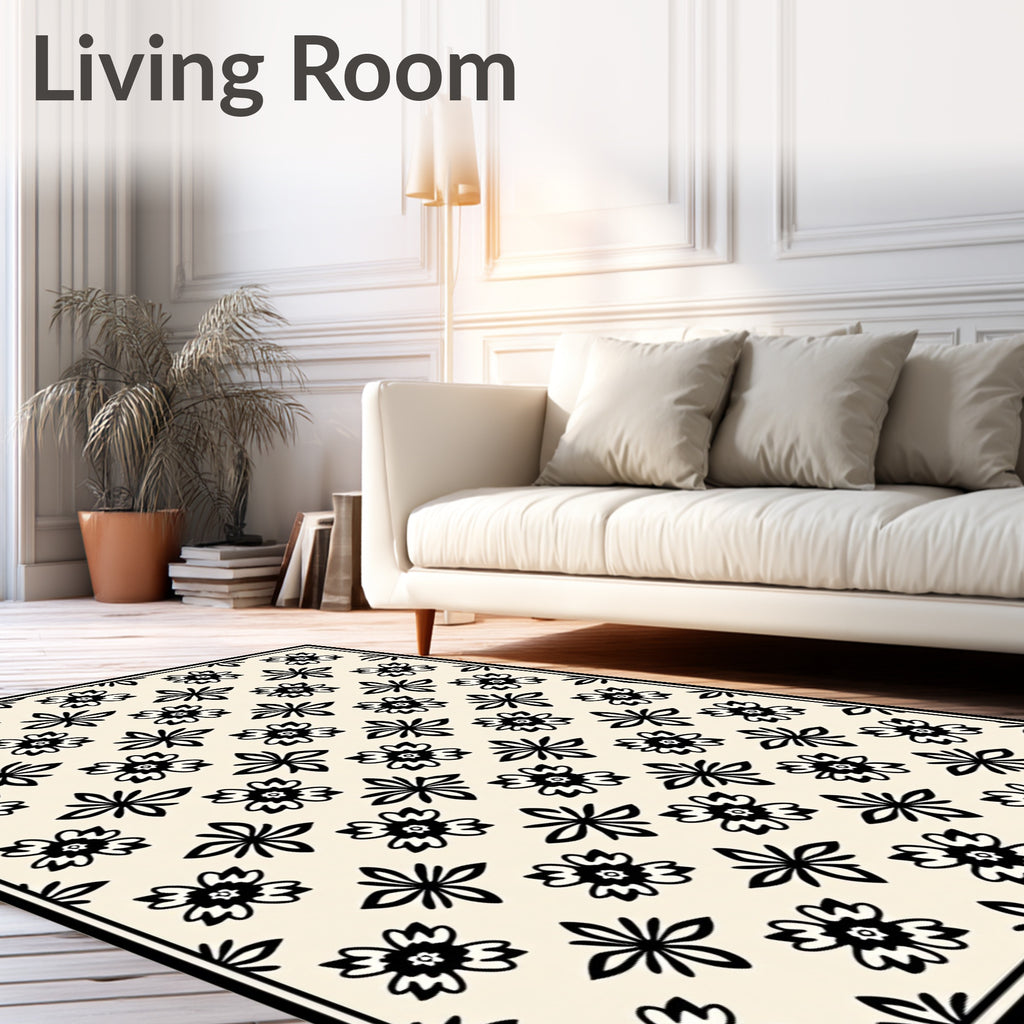 Cream Black Floral Starburst Arrangement Rug