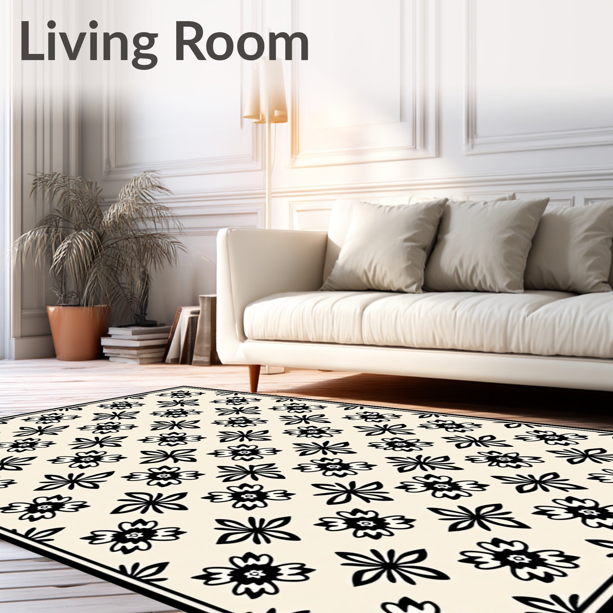 Cream Black Floral Starburst Arrangement Rug